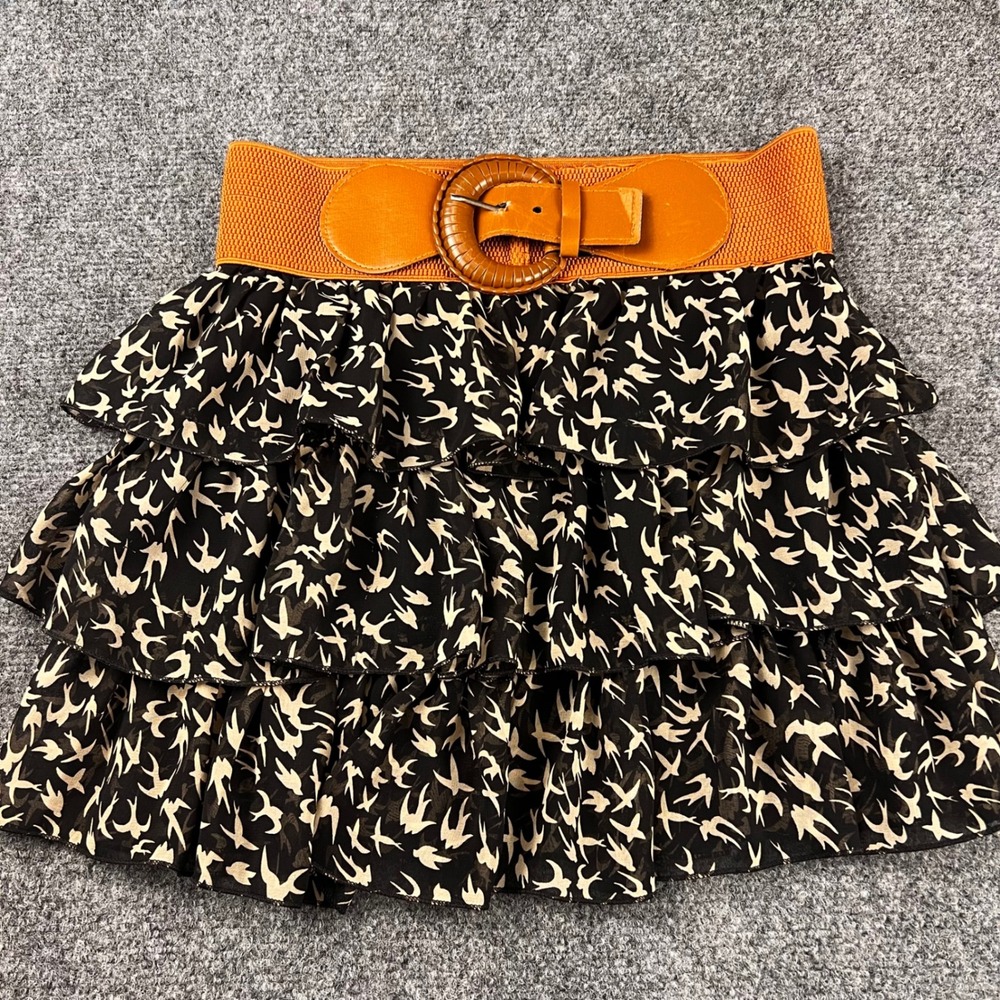 Y2K Mint Green Bird Print Tiered Ruffle Mini Skirt Orange Belted Waist Large